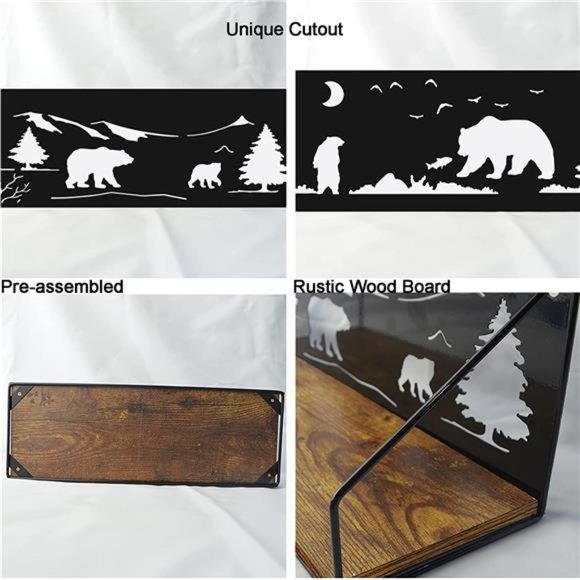Floating Shelves for Wall with Unique Adorable Bears Cutouts, Rustic Wooden Iron - Picture 4 of 5